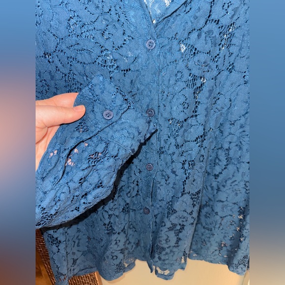 Notations Teal Lace Button Down Shirt - Picture 4 of 5